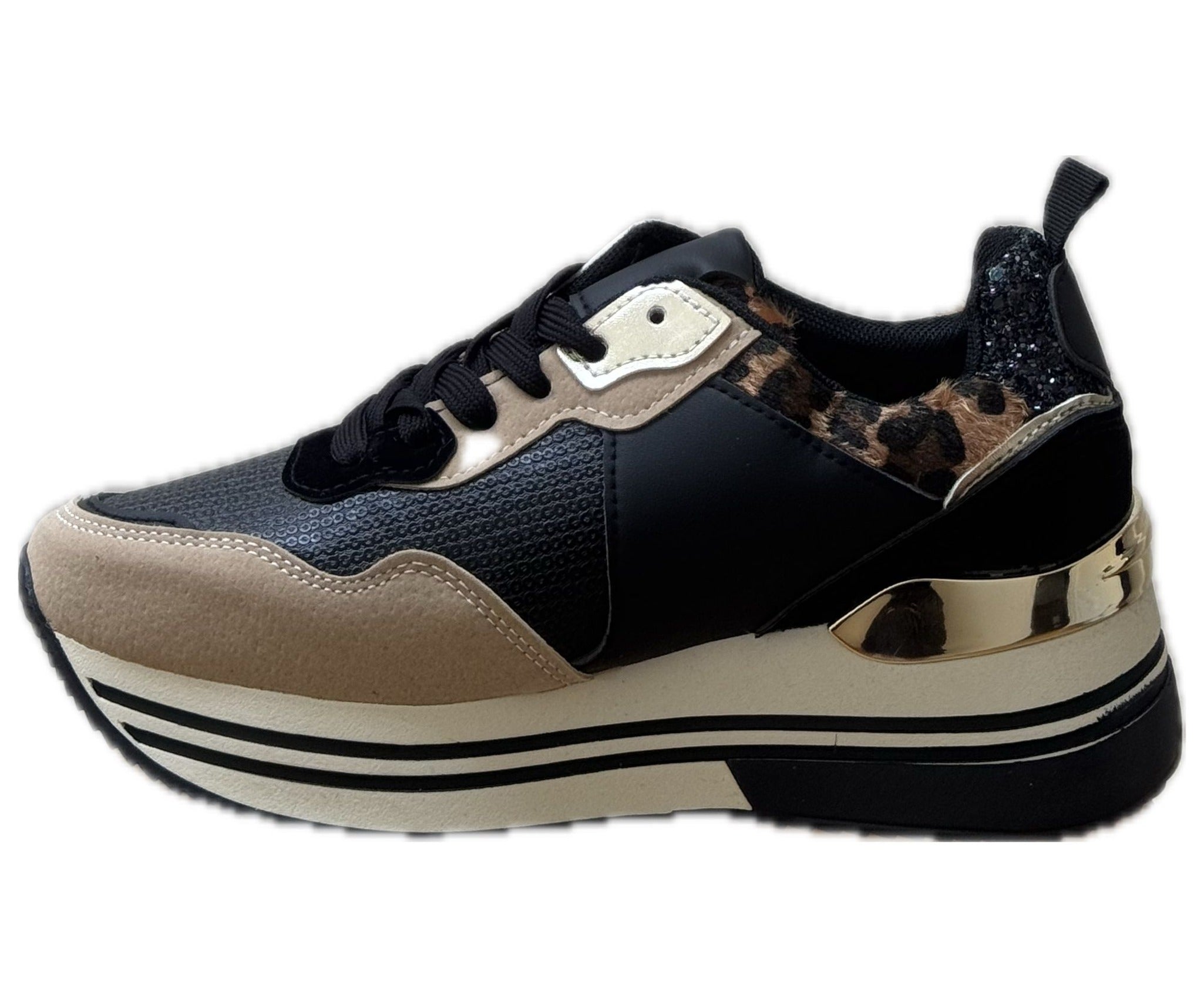 Damsneakers med platåsula och glitterdetaljer – Vit & Leopard