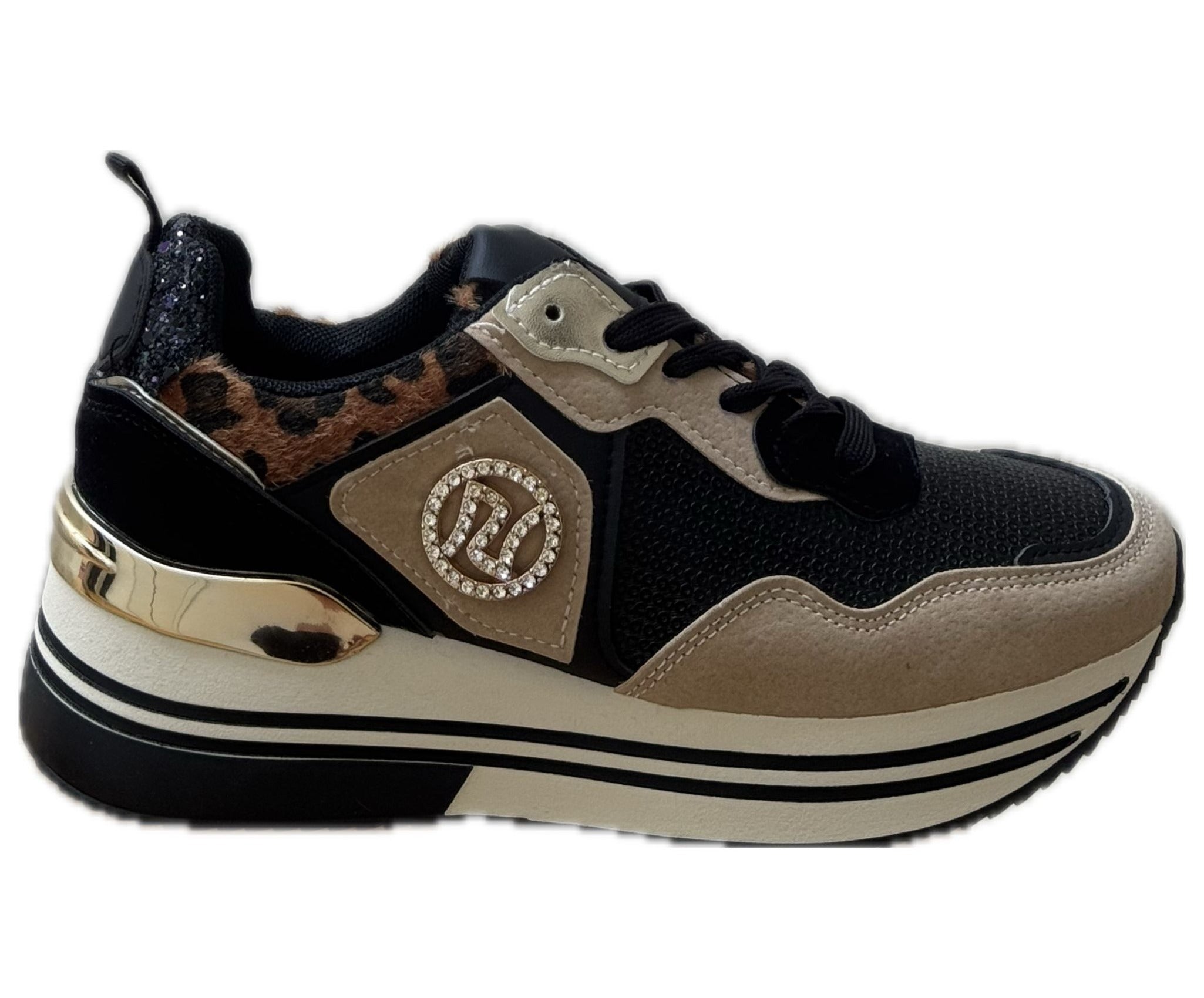 Damsneakers med platåsula och glitterdetaljer – Vit & Leopard