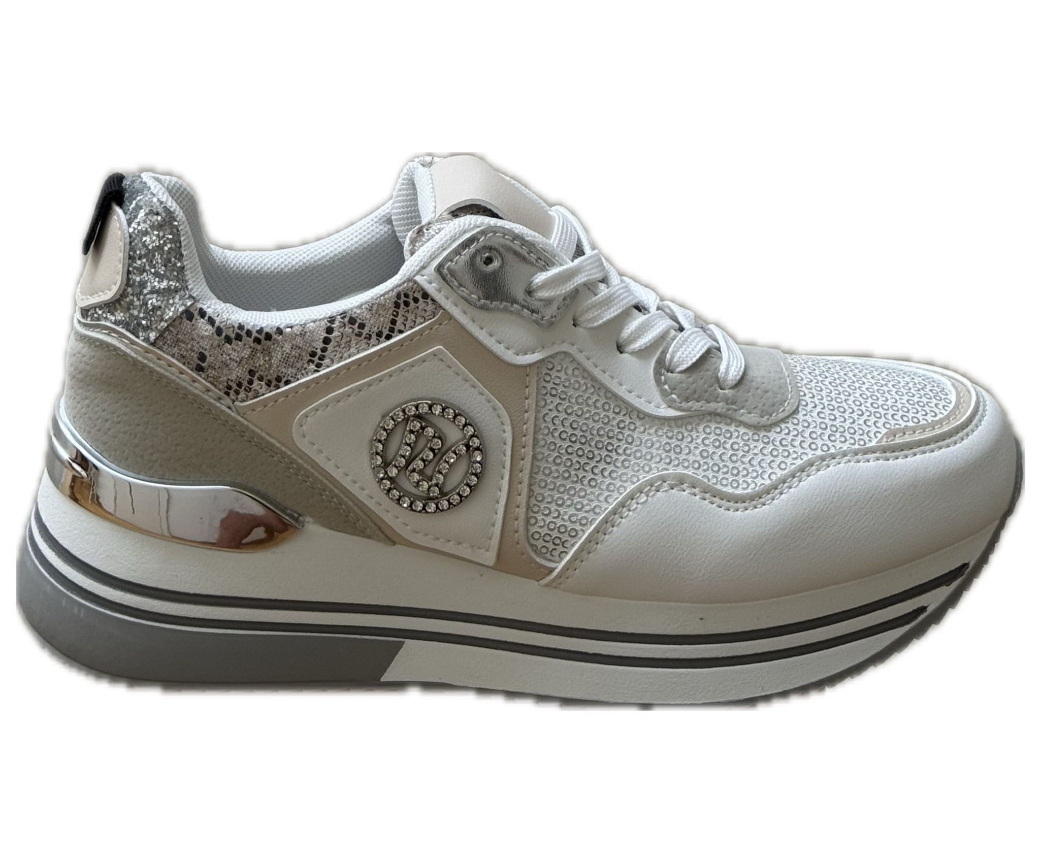 Damsneakers med platåsula och glitterdetaljer – Vit & Leopard