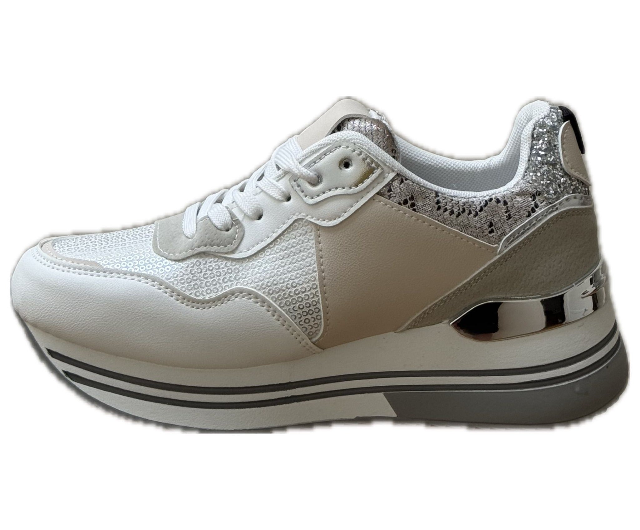 Damsneakers med platåsula och glitterdetaljer – Vit & Leopard