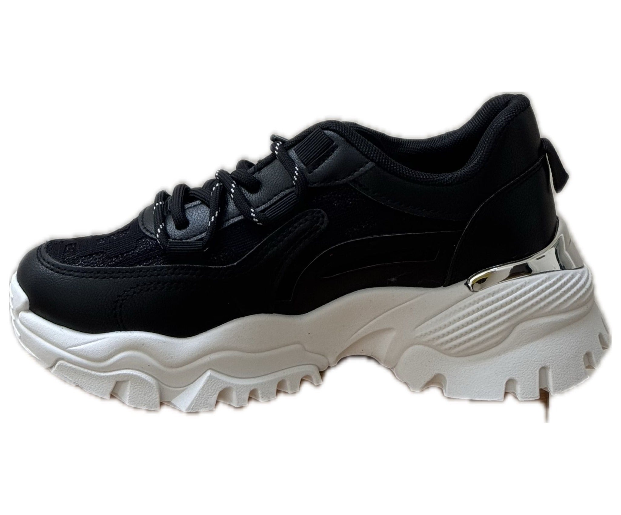 Chunky Sneakers Dam – Svarta & Vita Damskor med Silverdetalj | Trendiga Vardagsskor