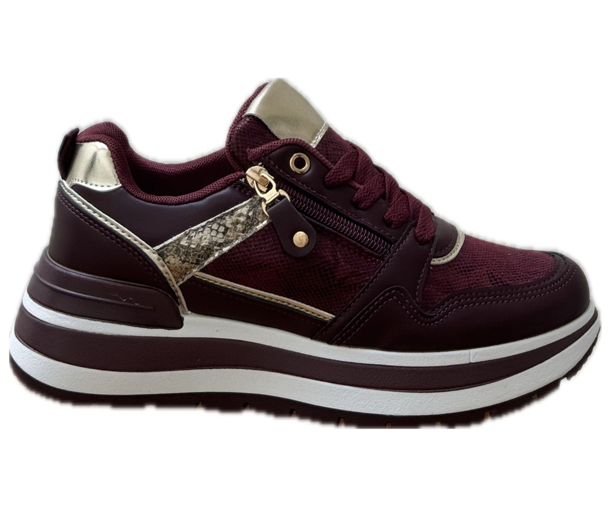 Chunky Sneakers med Guldiga Detaljer & Ormmönster – Beige eller Vinröd
