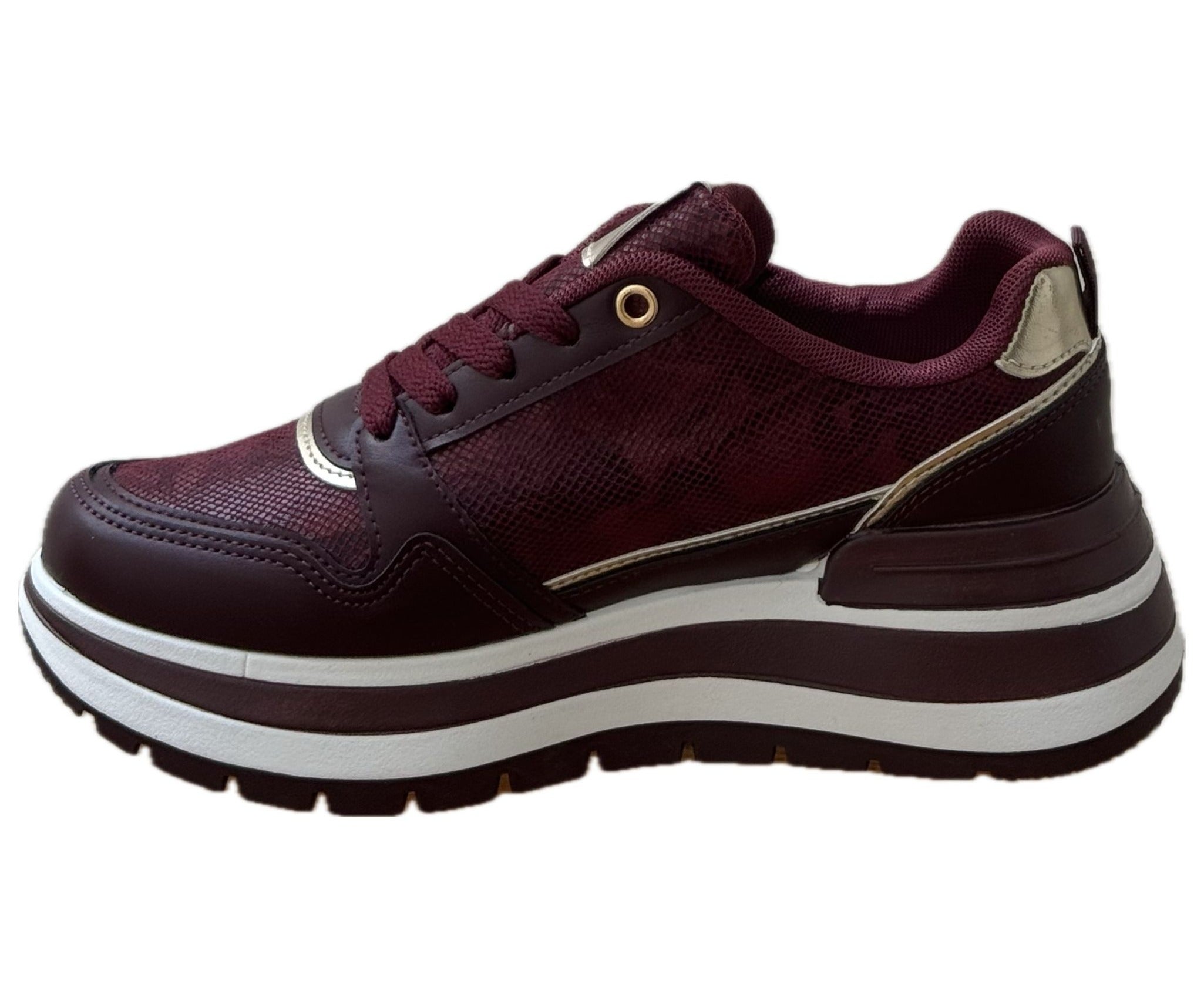 Chunky Sneakers med Guldiga Detaljer & Ormmönster – Beige eller Vinröd
