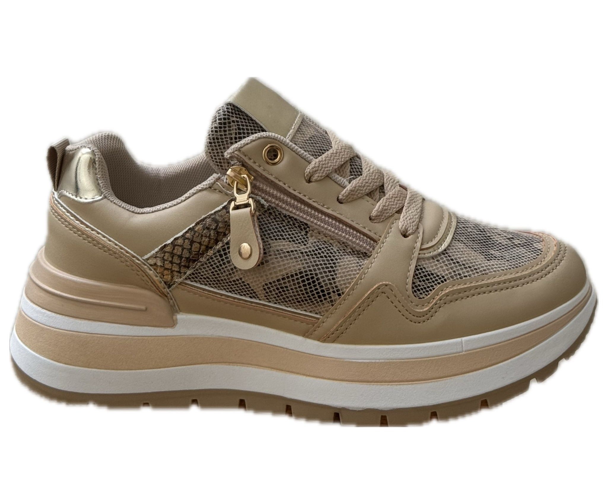 Chunky Sneakers med Guldiga Detaljer & Ormmönster – Beige eller Vinröd