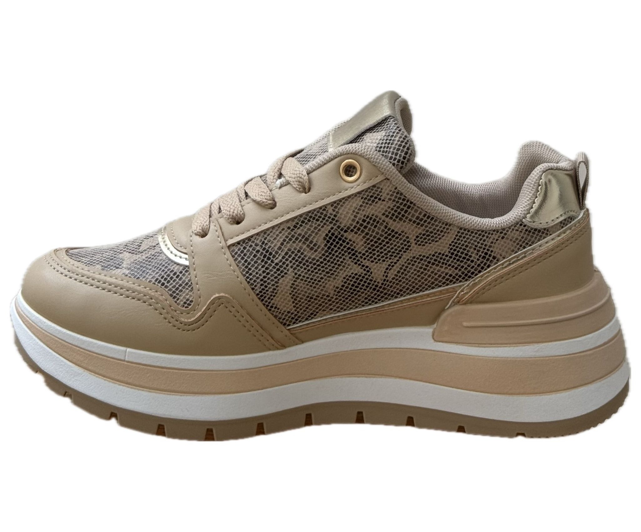 Chunky Sneakers med Guldiga Detaljer & Ormmönster – Beige eller Vinröd