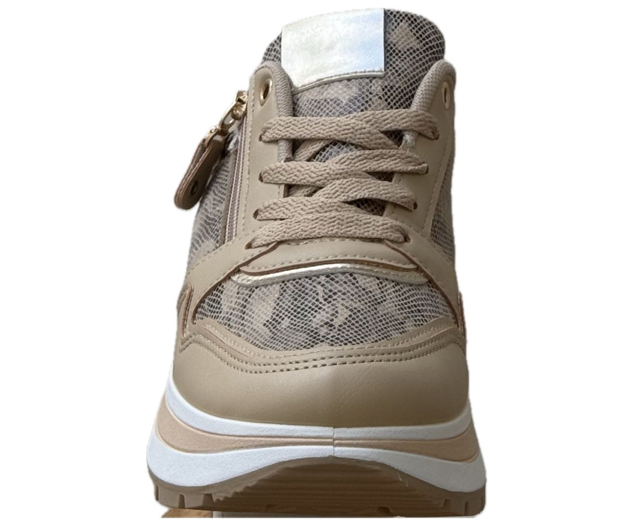 Chunky Sneakers med Guldiga Detaljer & Ormmönster – Beige eller Vinröd