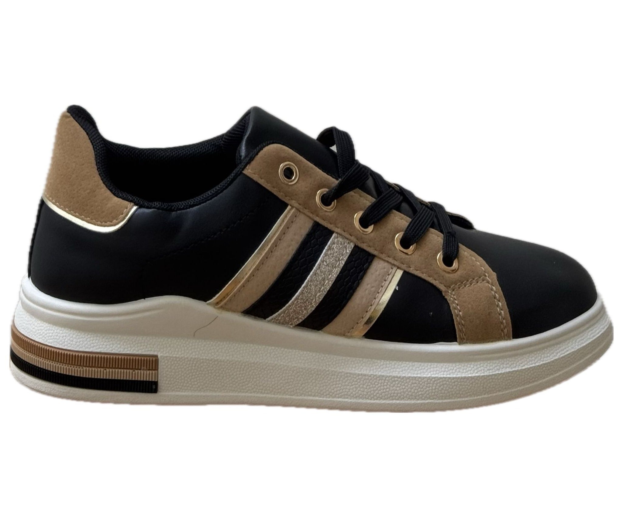 Svart & Beige Damsneaker med Guldiga Detaljer – Komfort & Stil i Ett
