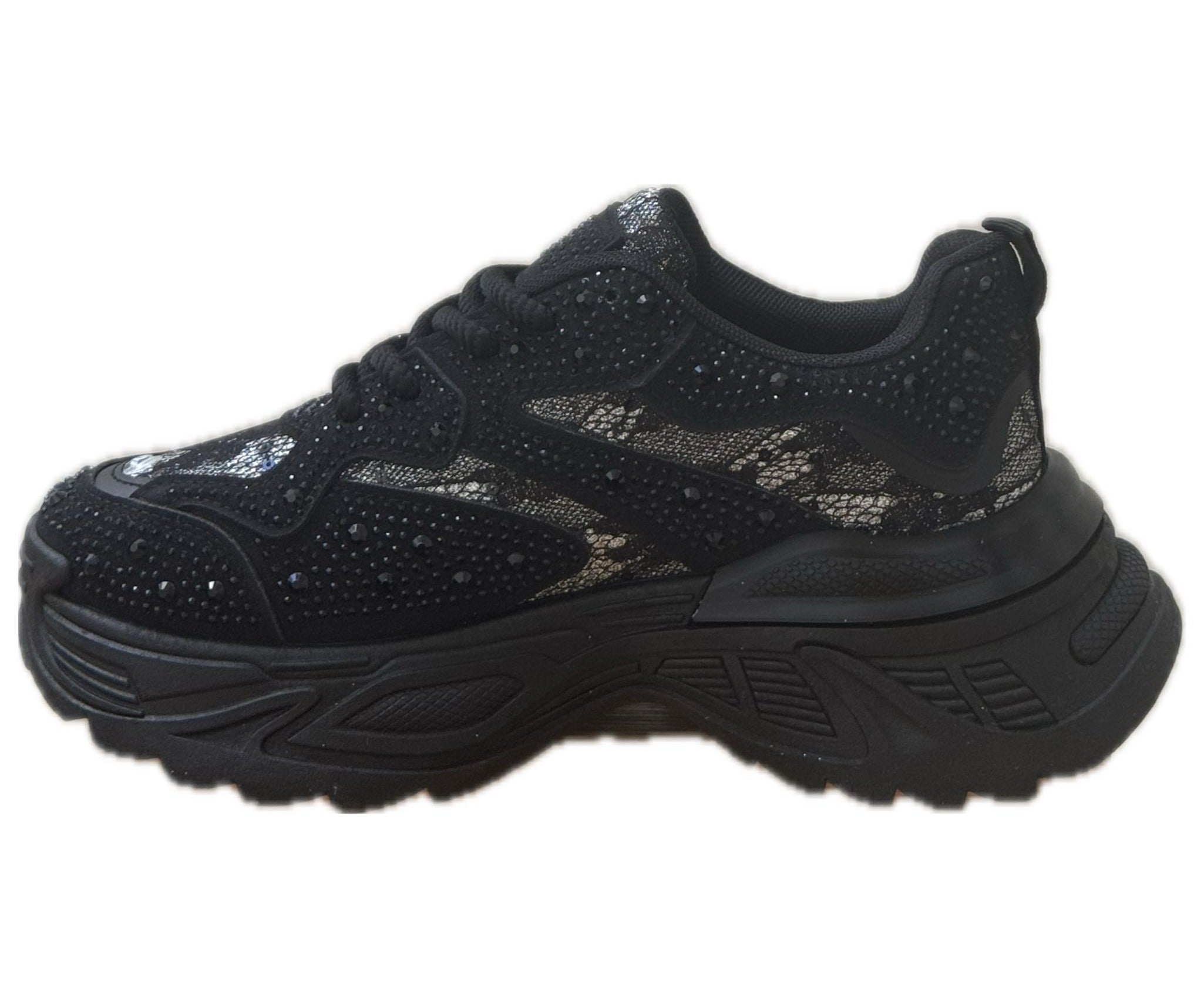 Chunky Sneakers Dam med Strass & Spets – vit, Svart & Multicolor