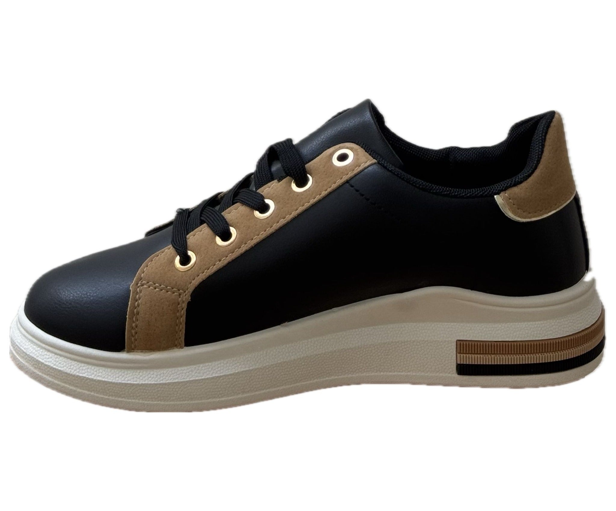 Svart & Beige Damsneaker med Guldiga Detaljer – Komfort & Stil i Ett