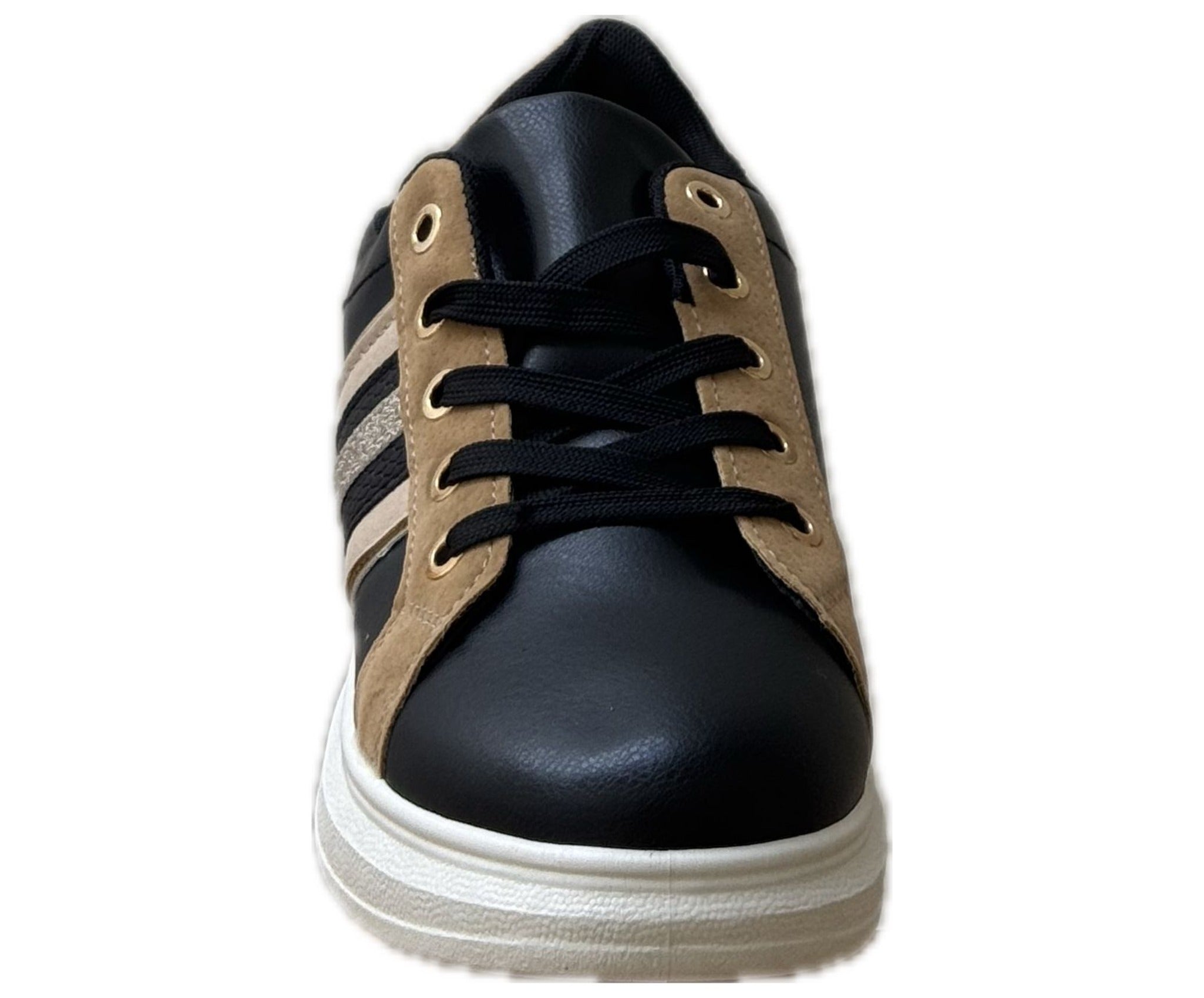 Svart & Beige Damsneaker med Guldiga Detaljer – Komfort & Stil i Ett