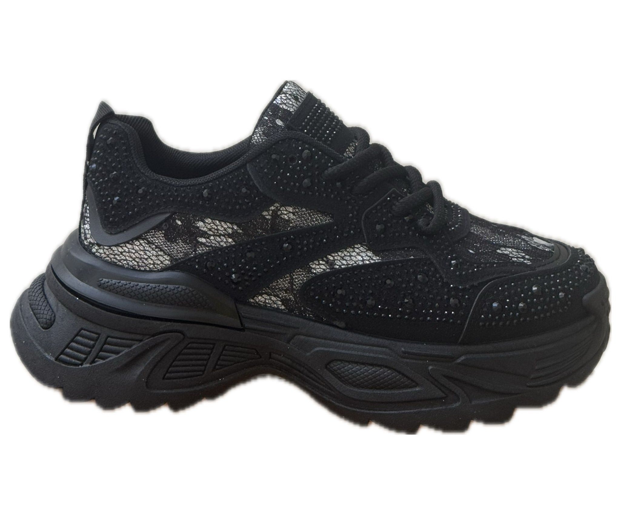 Chunky Sneakers Dam med Strass & Spets – vit, Svart & Multicolor