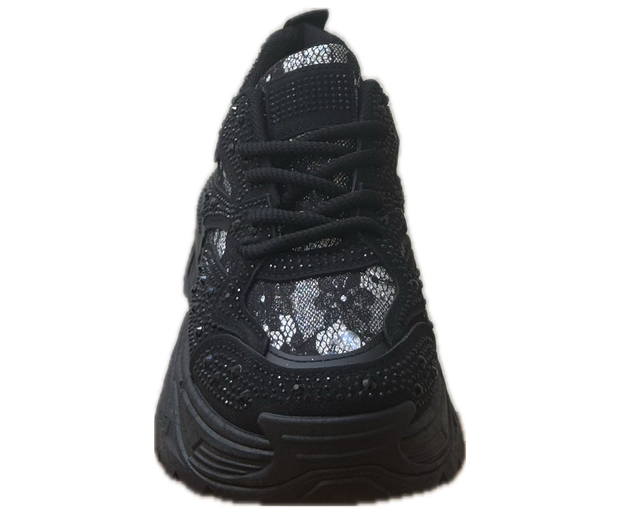 Chunky Sneakers Dam med Strass & Spets – vit, Svart & Multicolor