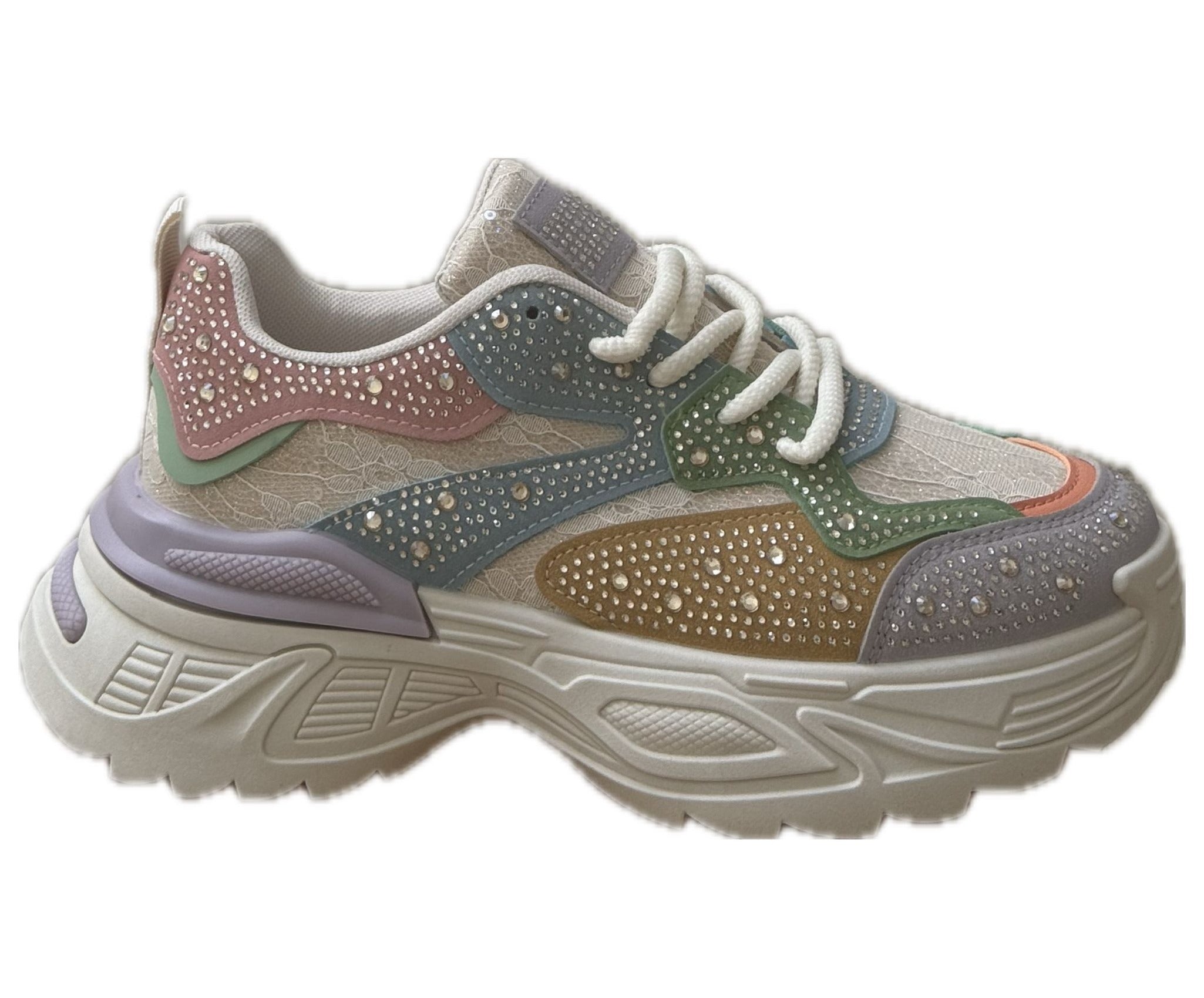 Chunky Sneakers Dam med Strass & Spets – vit, Svart & Multicolor