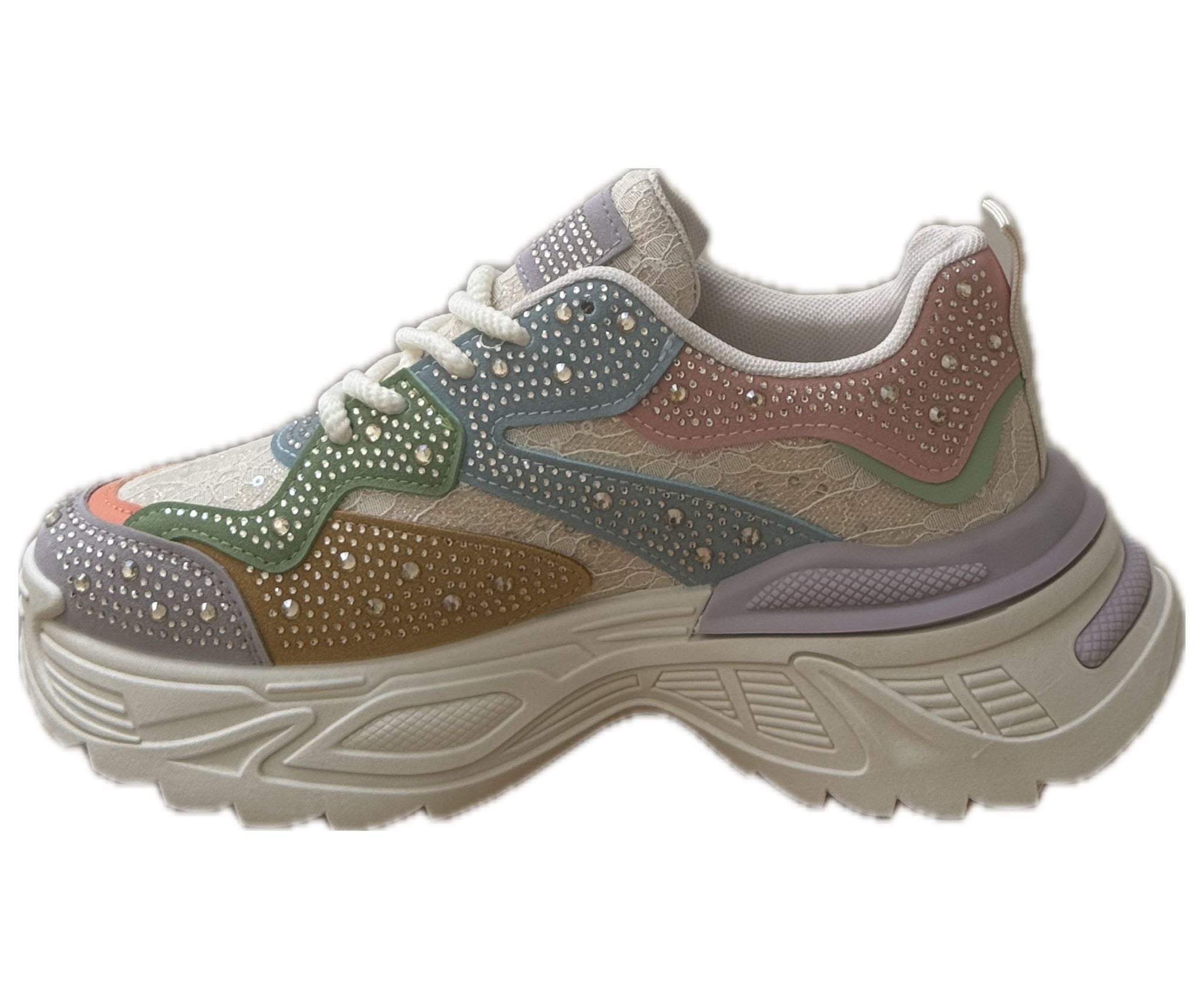 Chunky Sneakers Dam med Strass & Spets – vit, Svart & Multicolor