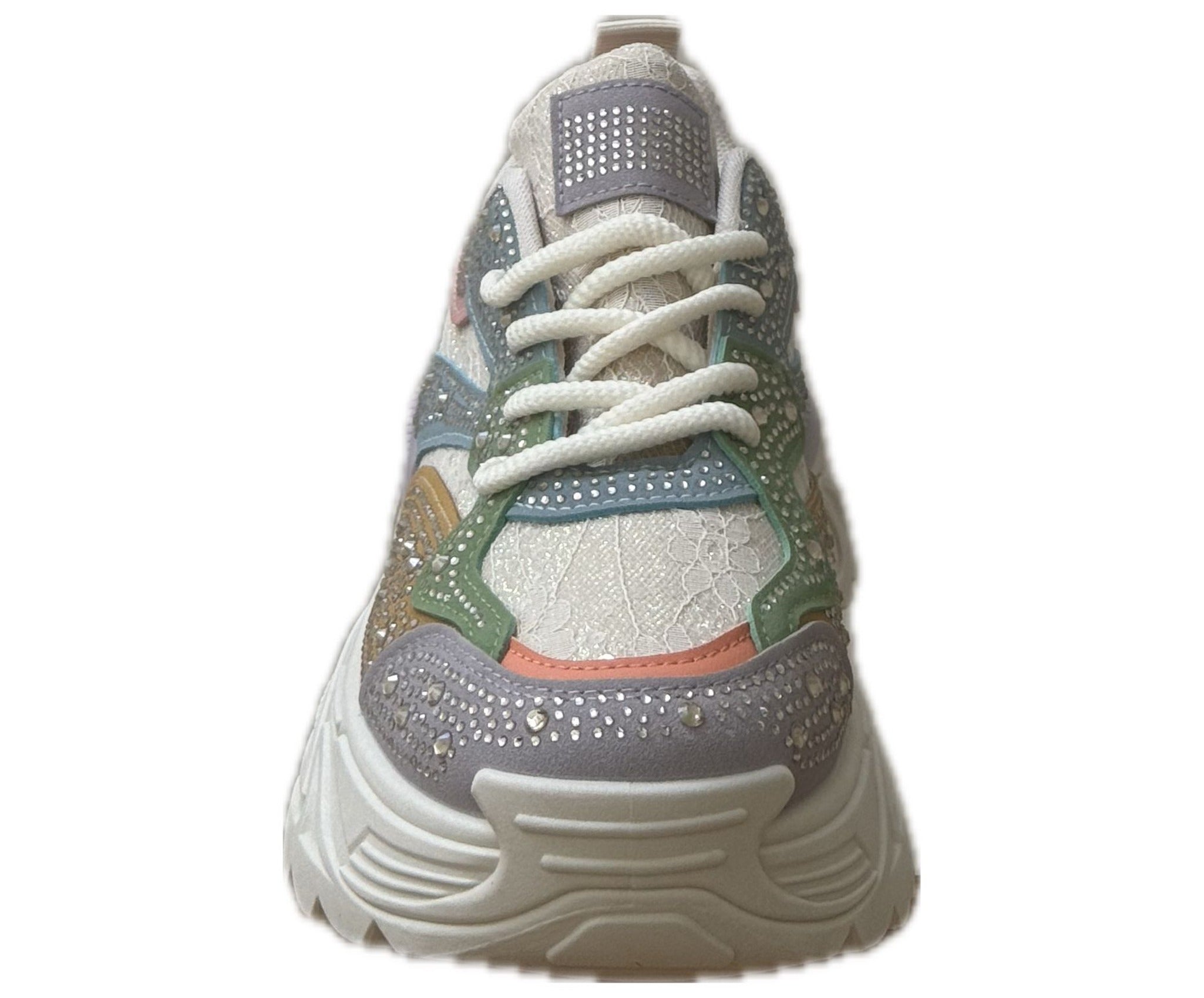 Chunky Sneakers Dam med Strass & Spets – vit, Svart & Multicolor