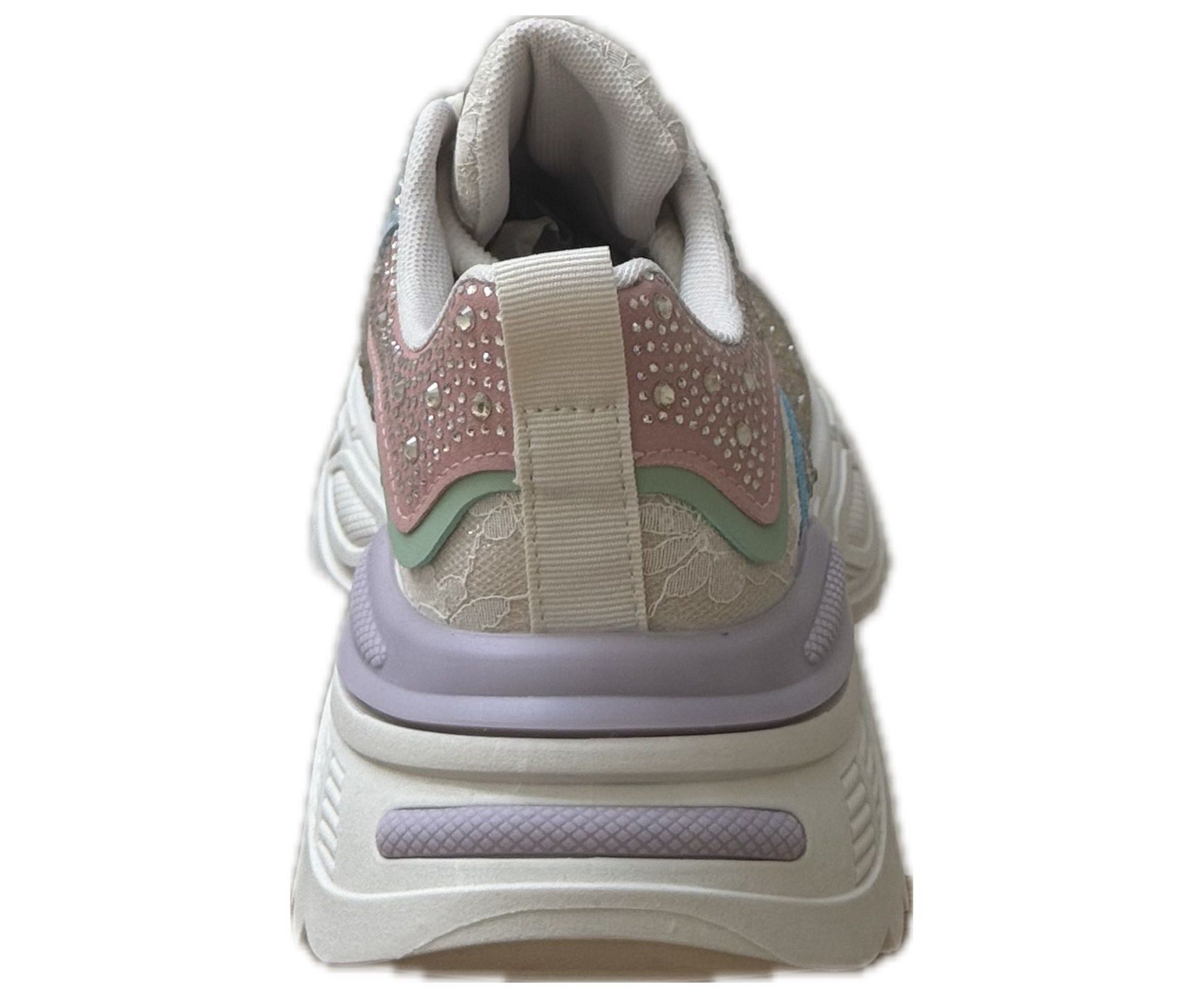 Chunky Sneakers Dam med Strass & Spets – vit, Svart & Multicolor