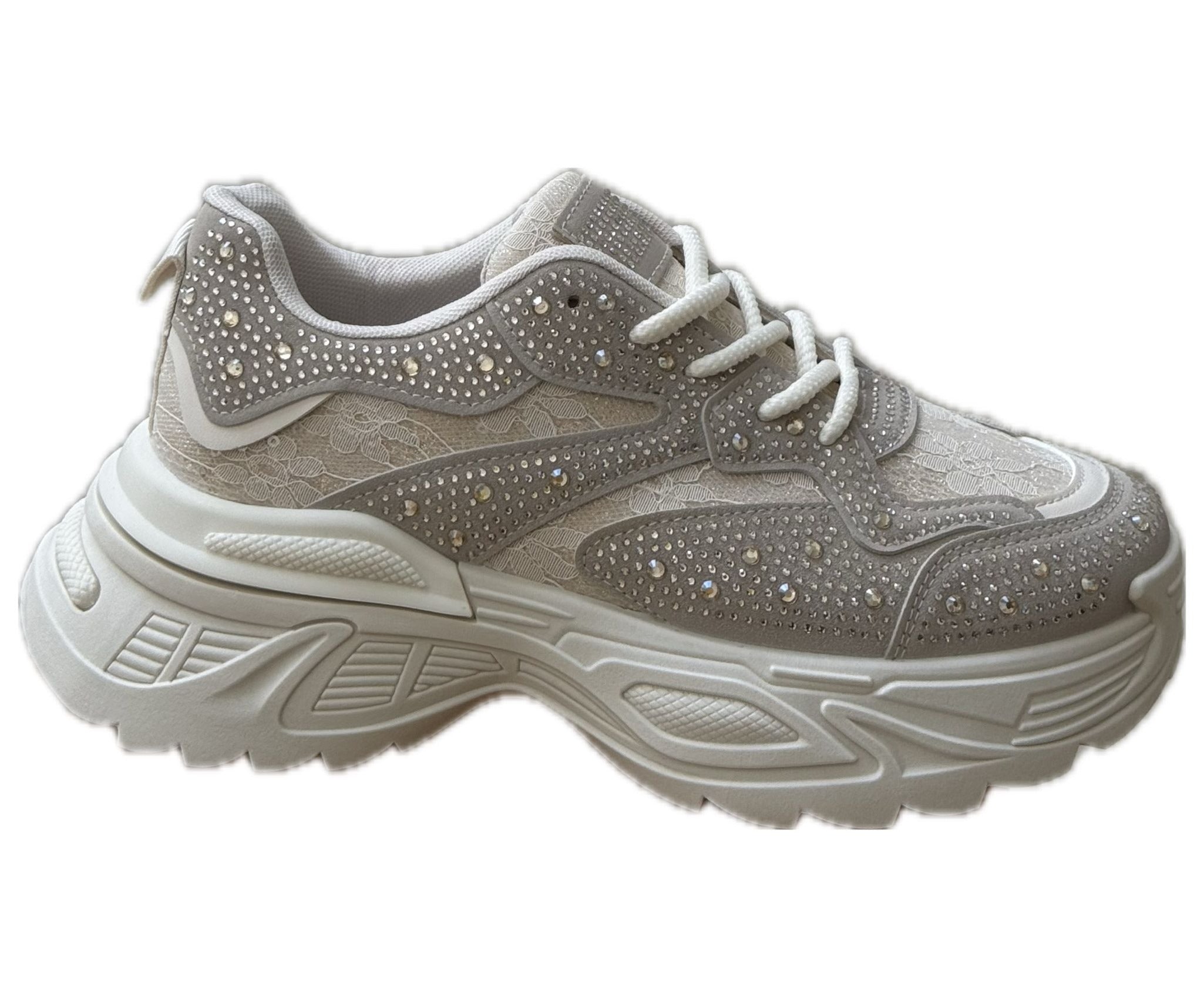 Chunky Sneakers Dam med Strass & Spets – vit, Svart & Multicolor