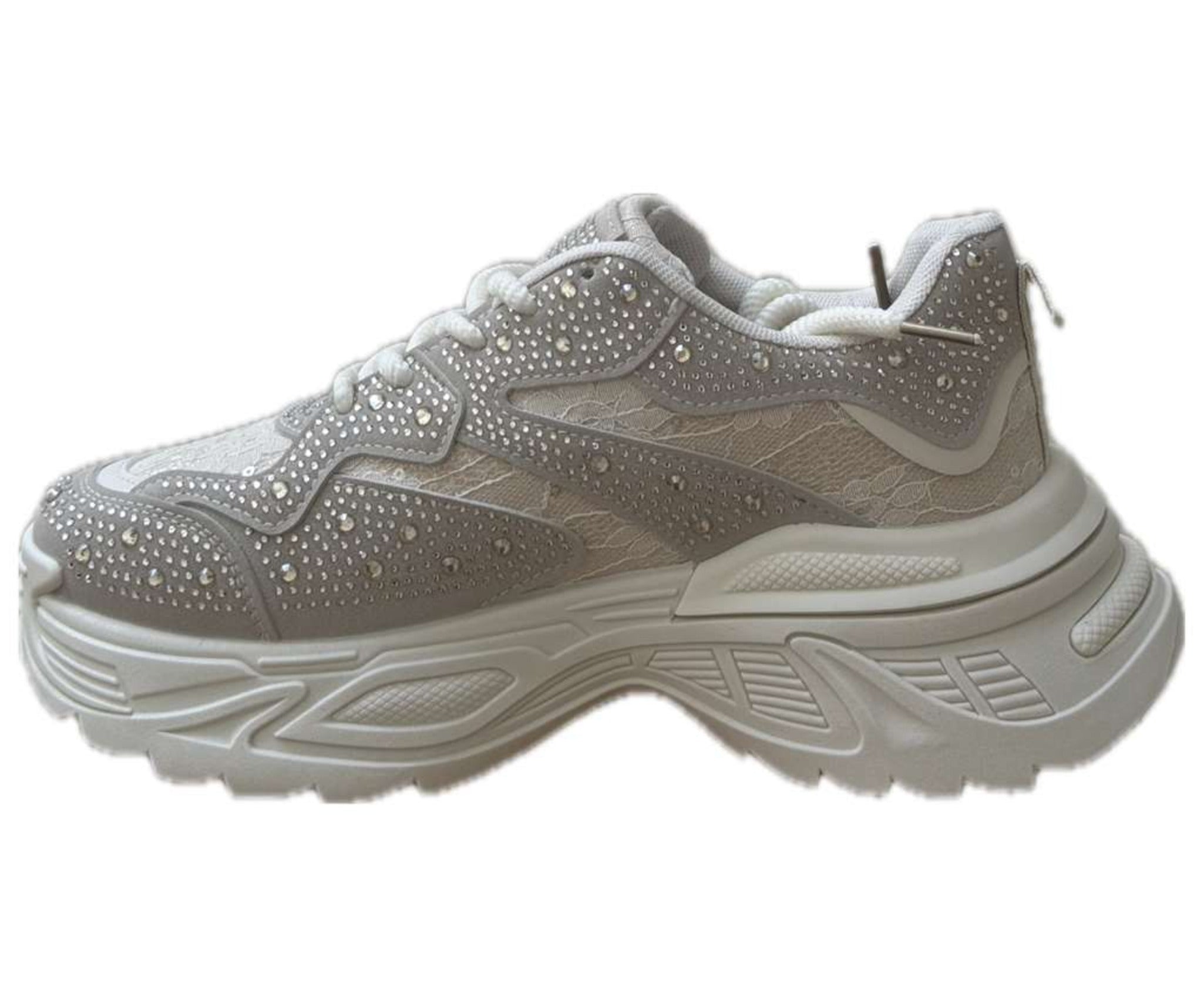 Chunky Sneakers Dam med Strass & Spets – vit, Svart & Multicolor