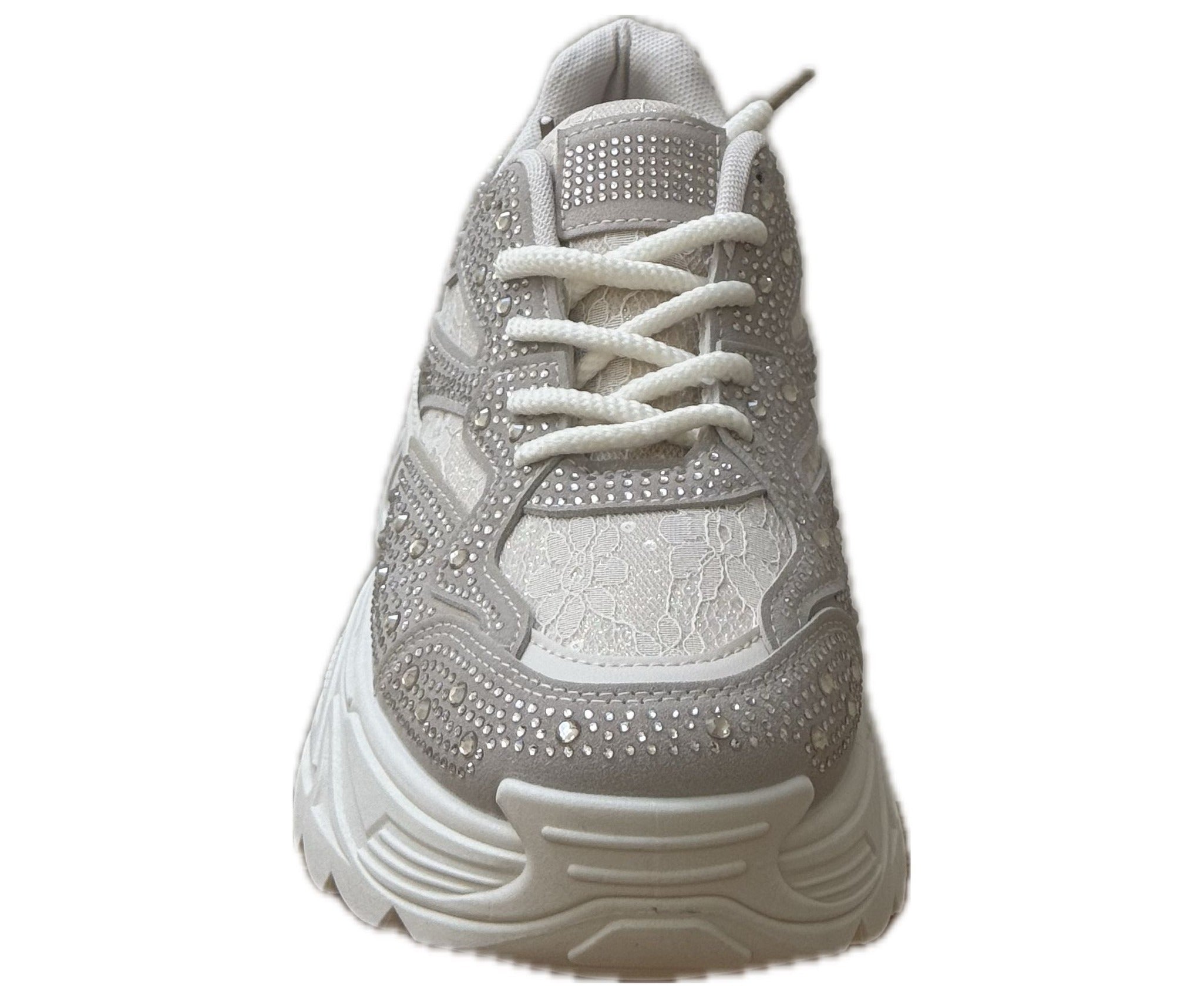 Chunky Sneakers Dam med Strass & Spets – vit, Svart & Multicolor