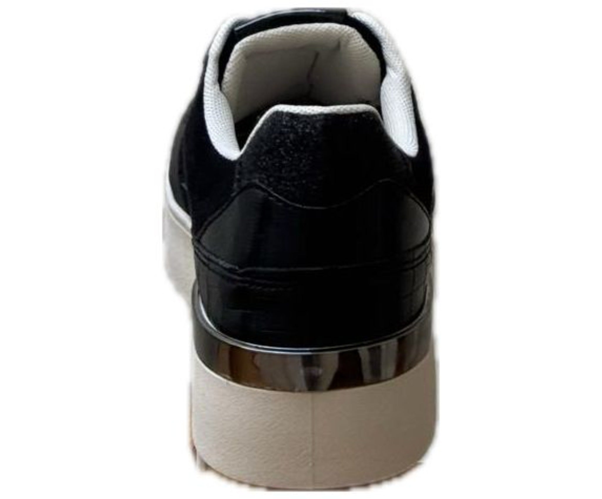 Bakvy av svarta damskor med plattformssula, vit snörning och modern design, idealiska sneakers för kvinnor.